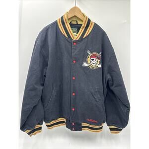 STALL & DEAN VARSITY JACKET Y2K Men’s 2XL COTTON BLACK GOLD TRIM- - PIRATES